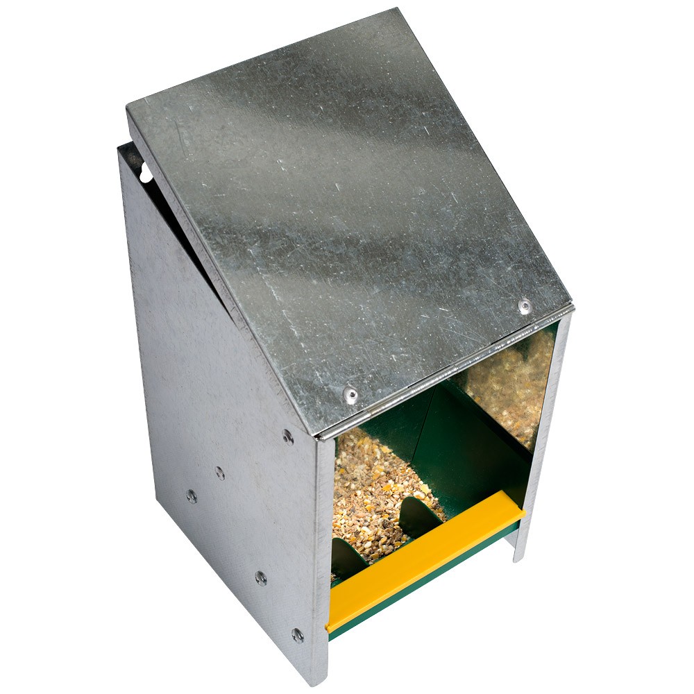 Poultry feeder with slanting lid